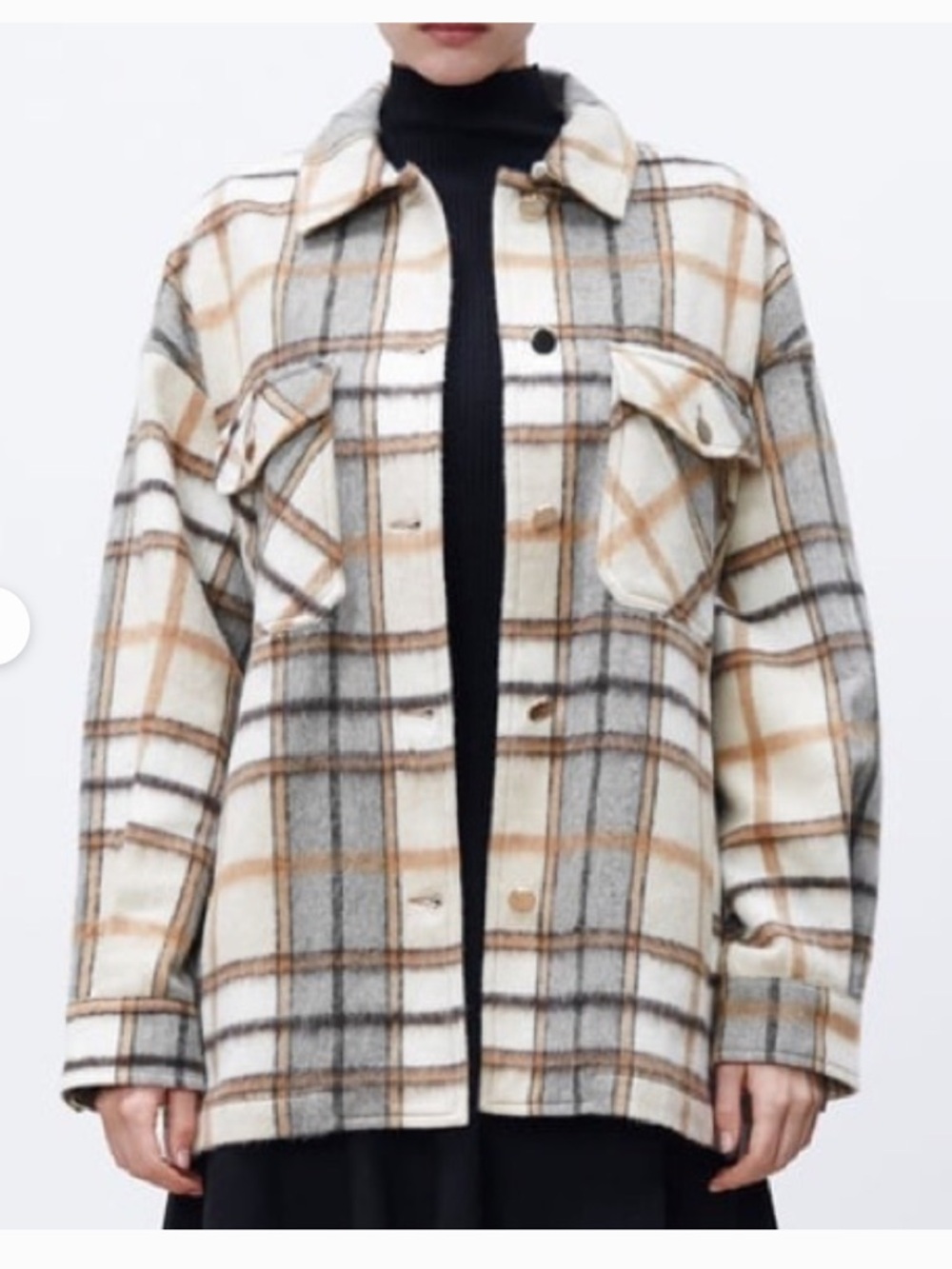 Zara Plaid Overshirt Shacket Oversized Cream Grey Brown